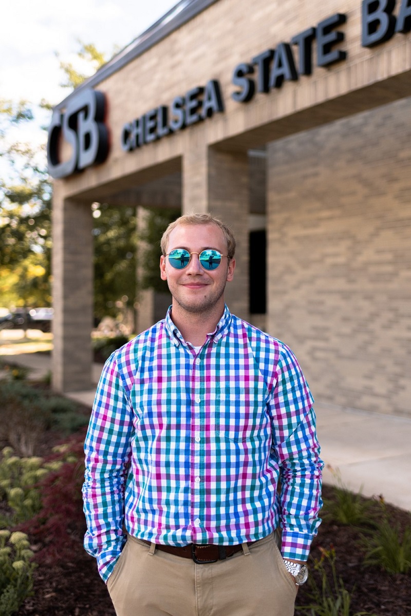 Jacob Grob in front of bank