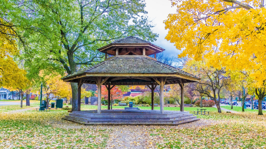 The gazebo amidst autumn leaves