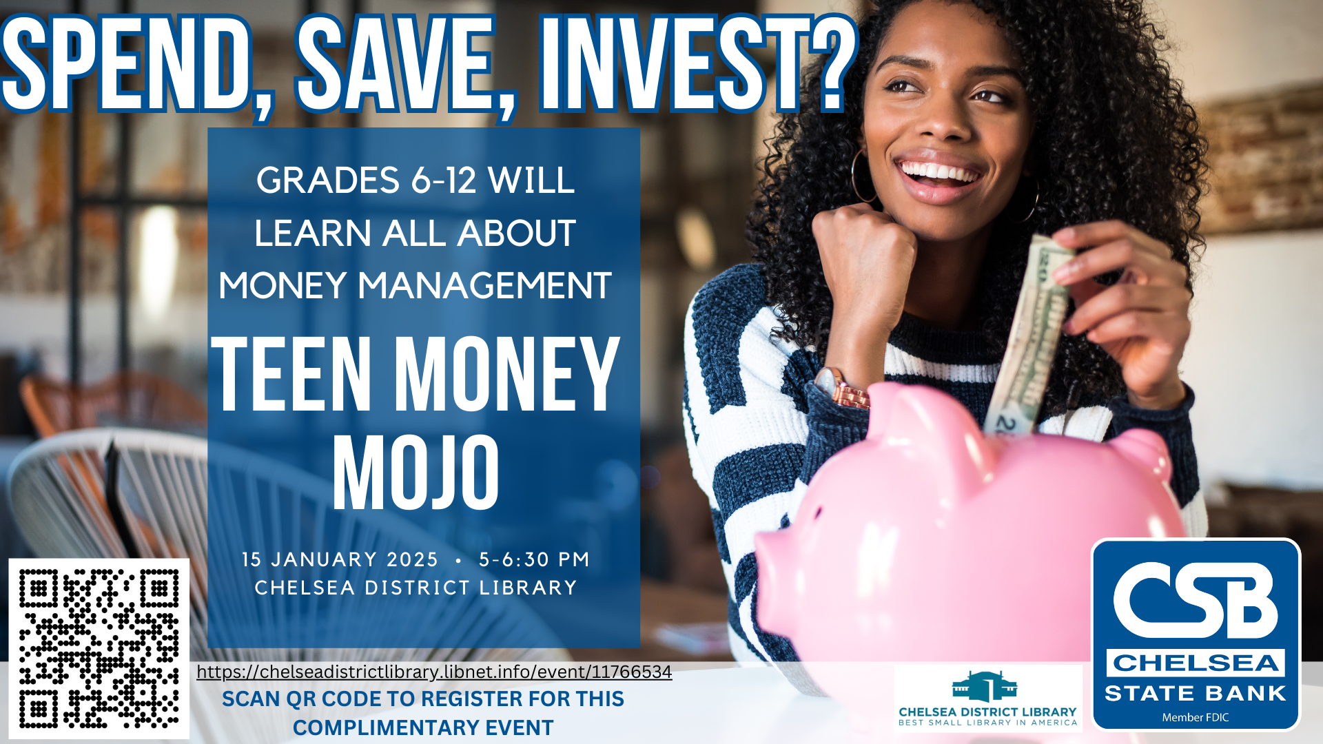 Teenager sitting at table smiling with money and a pink piggy bank.