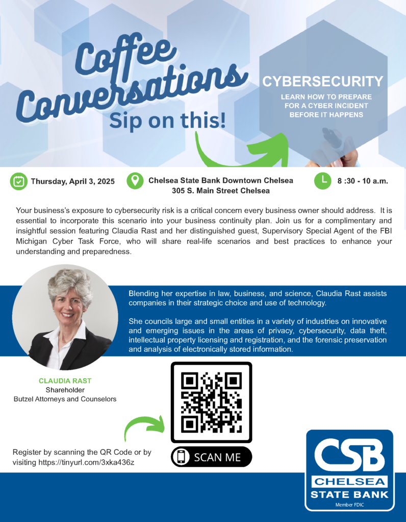 Coffee Conversations Flyer featuring Claudia Rast - Cybersecurity